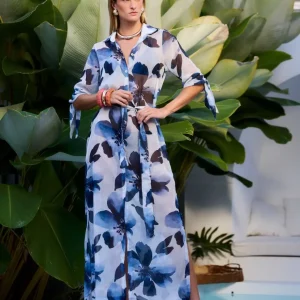 Saída Chemise Maxi Manga Longa Azul Aquarelada