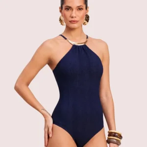 Maiô Texturizado com Gargantilha Ouro Azul Navy